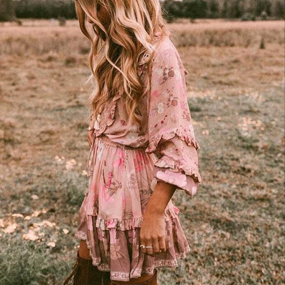 New Boho Fall Floral Long Sleeve Dress - Picture 2 of 5